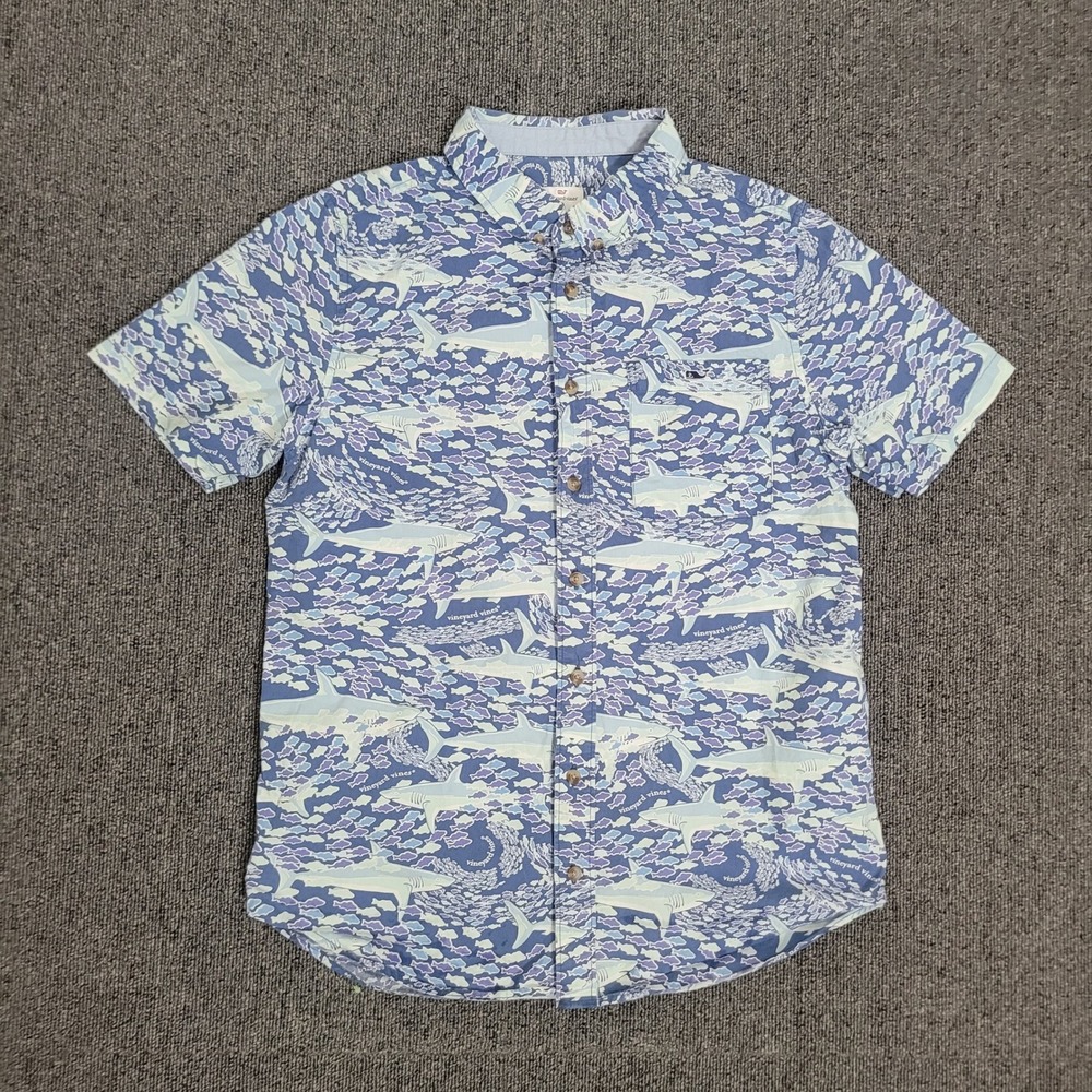 Vineyard Vines Size L 12/14 Shark Print Button Down Shirt Boys Blue Short Sleeve